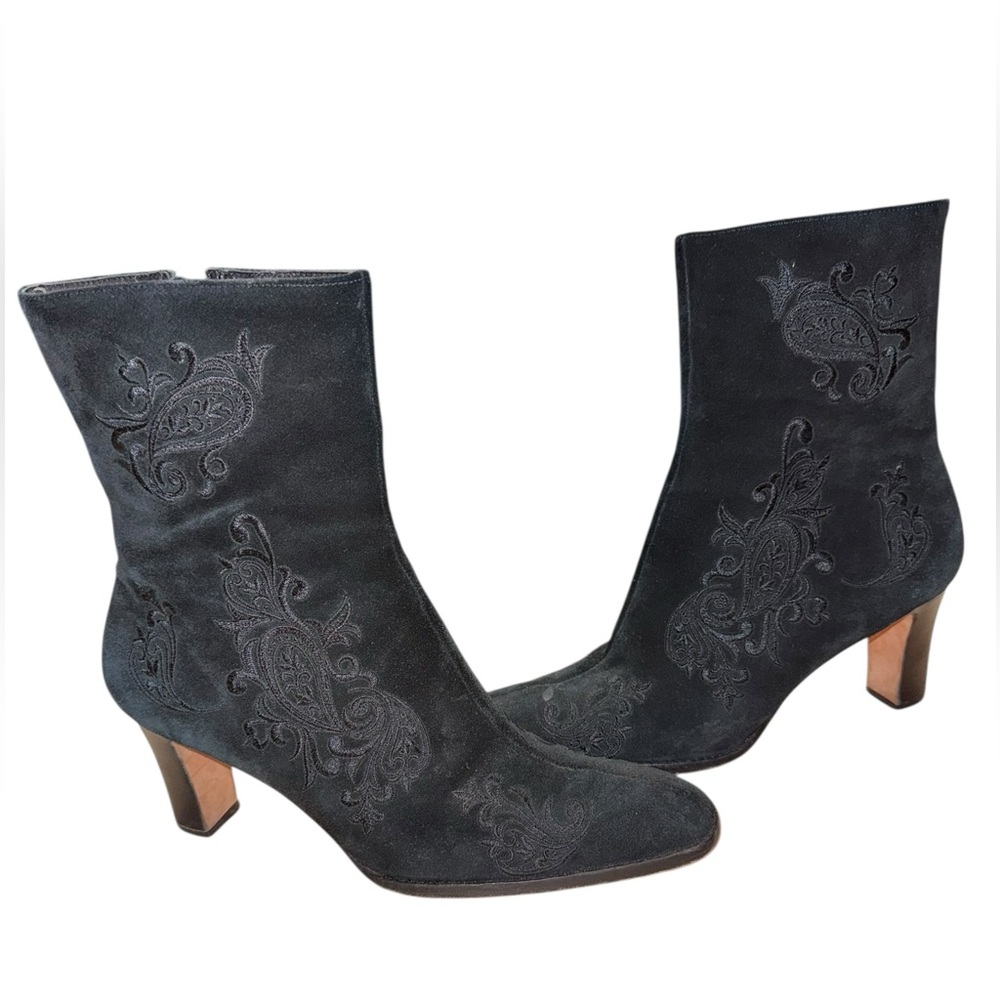 Vintage Ralph Lauren Embroidered Black Genuine Leather Booties Western Suede 9.5